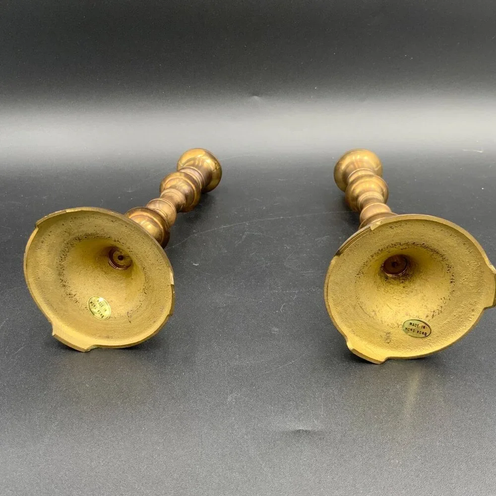 Vintage Pair Of 8.25” Brass Candlestick Holders Mid Century Made In Hong Kong
